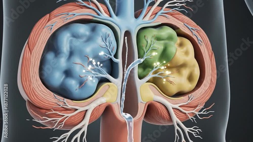Human lungs anatomy illustration showing the respiratory system and alveoli network for medical