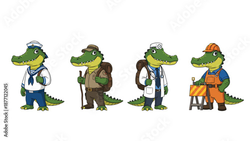 Cute Cartoon Alligators in Diverse Professions: Sailor, Hiker, Doctor, and Construction Worker Characters