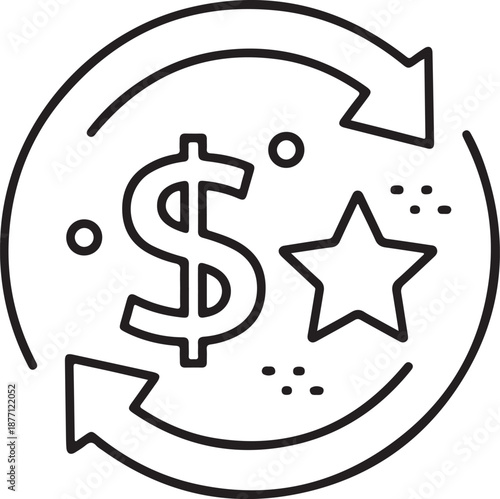 Minimalist line art illustration featuring a dollar sign and a star enclosed in a circular exchange arrow. Symbolizes financial rewards, cashback, bonuses, and value-based incentives.