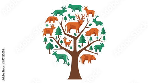 Abstract Animal Tree Illustration: Wildlife Diversity and Nature Concept