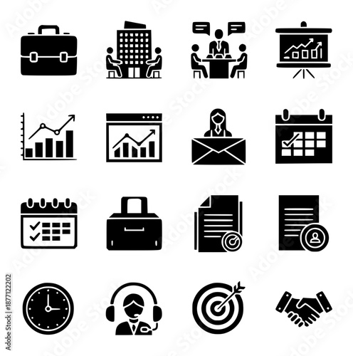 Comprehensive Set of Professional Business and Office Management Icons Representing Planning, Analysis, Communication, and Collaboration