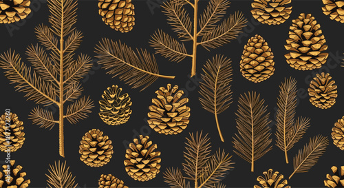 An elegant seamless pattern of golden pinecones and pine branches on a sophisticated dark gray background for a festive design.