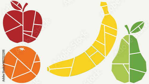 Abstract Geometric Fruits: Apple, Banana, Orange, Pear - Healthy Food Concept