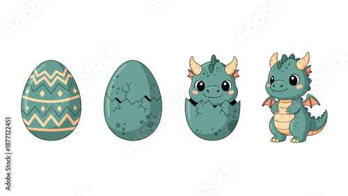 Cute baby dragon hatching sequence: egg to newborn. Adorable fantasy creature development illustration.