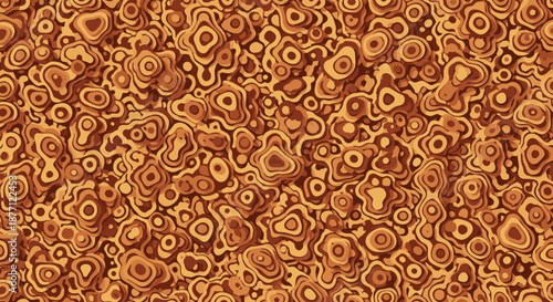 A complex abstract seamless pattern of organic, layered shapes and lines in shades of brown and orange, resembling polished stone.