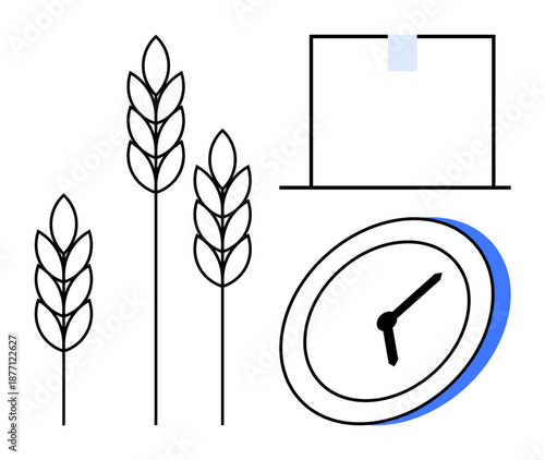 Agriculture, productivity, time management, harvest scheduling, planning, efficiency. Wheat stalks, clock and a notebook. Agriculture and productivity through time and harvest scheduling