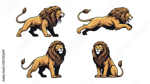 Four powerful male lion illustrations in various poses: roaring, leaping, standing, and sitting. Dynamic wildlife vector art set.