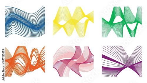Abstract Wavy Line Art Patterns - Blue, Yellow, Green, Orange, Pink, Purple