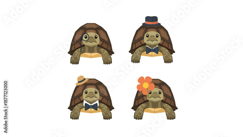 Cute Cartoon Turtles Dressed Up: Monocle, Top Hat, Fedora, and Flower Accessories Set