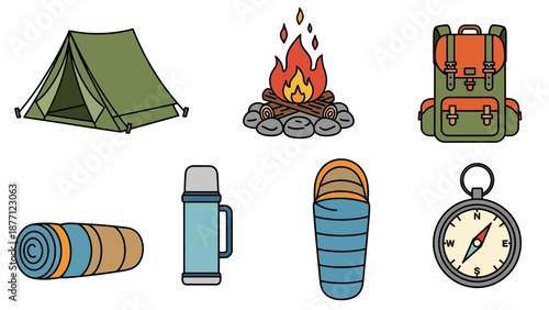 Camping Gear Icons: Tent, Backpack, Sleeping Bag, Compass, Fire