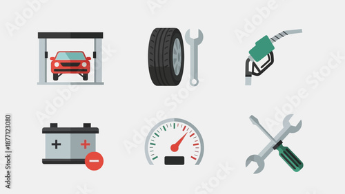 Car Service and Repair Icons: Auto Maintenance, Garage, Fuel, Battery, Speedometer