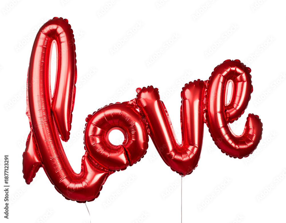 Fototapeta premium Red Foil Balloons Spelling Love on White Background