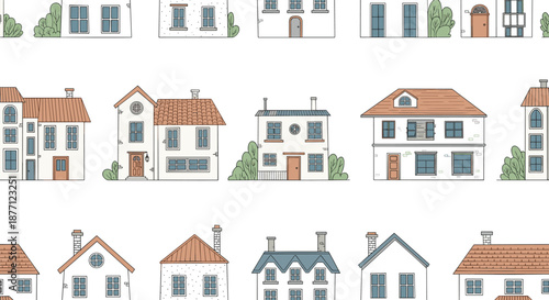 Charming seamless pattern featuring rows of cute, hand-drawn houses and buildings in a quaint and sketchy style on a clean white background.