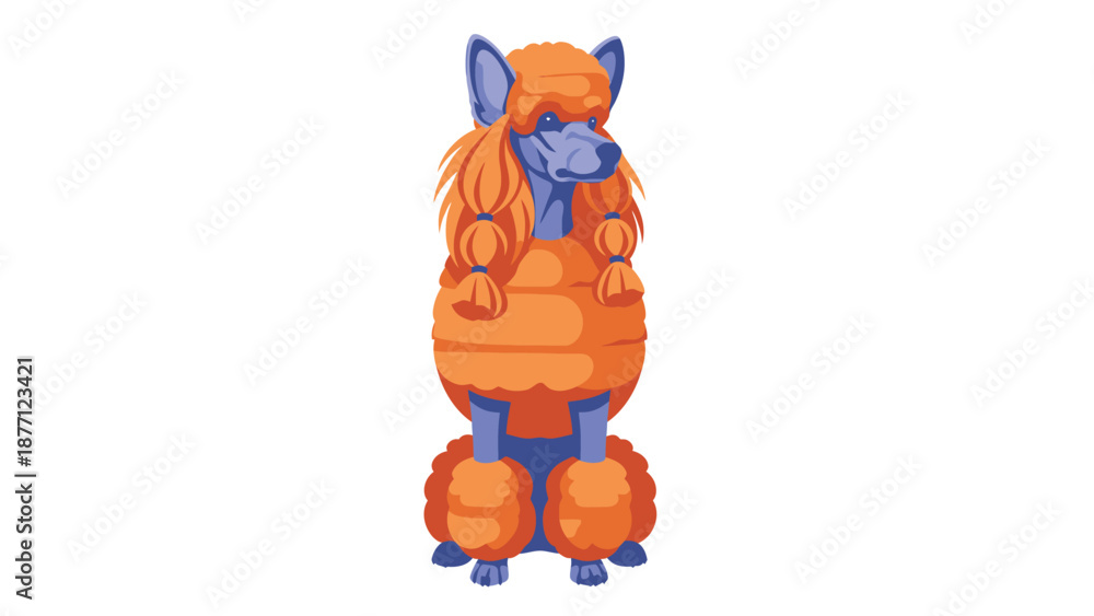 Naklejka premium Vibrant stylized poodle illustration with fluffy orange fur, blue details, and unique braided texture