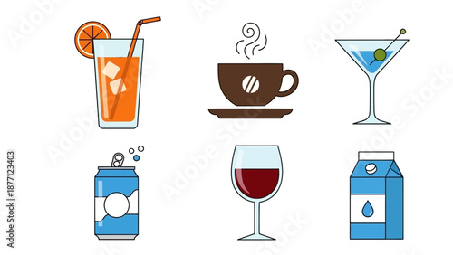 Collection of Various Drinks Icons: Coffee, Juice, Cocktail, Wine, Soda, Milk