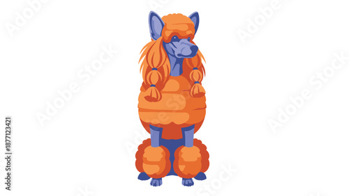 Vibrant stylized poodle illustration with fluffy orange fur, blue details, and unique braided texture