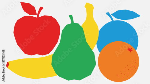 Colorful Abstract Fruits: Apple, Pear, Banana, Orange, Plum, Bottle