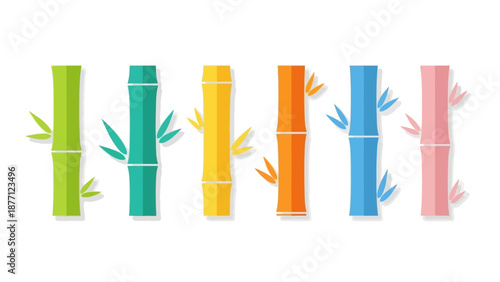 Colorful Bamboo Stalks with Leaves Isolated on White Background