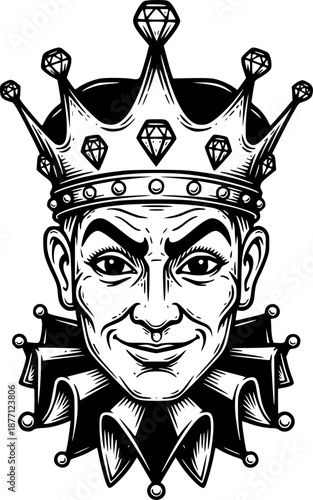 Engraved jester artwork wearing a crown and diamonds, festive ce
