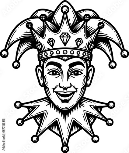 Engraved jester artwork wearing a crown and diamonds, festive ce
