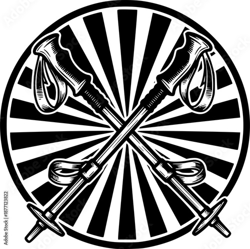Engraved Illustration of Crossed Trekking Poles on a Sunburst Ba
