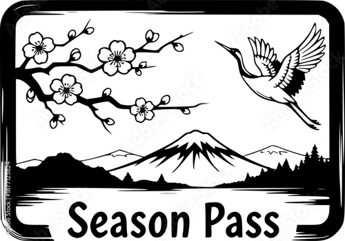 Elegant sumi-e style season pass icon with traditional Japanese
