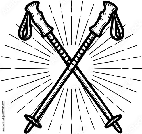 Engraved Illustration of Crossed Trekking Poles on a Sunburst Ba
