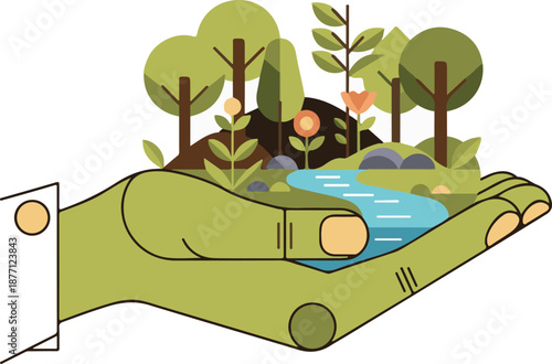 A vibrant vector illustration of a green hand cradling a lush miniature ecosystem, featuring stylized trees, blooming flowers, and a winding blue stream to symbolize environmental stewardship.