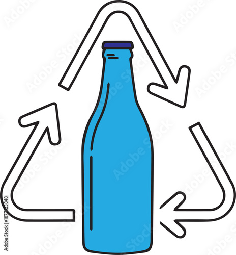 A clean vector illustration of a bright blue glass bottle centered within a triangular recycling symbol. This minimalist design emphasizes sustainable packaging and eco-friendly bottle return programs