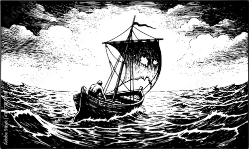 Bleak voyage: An etching-style illustration of fragility and iso
