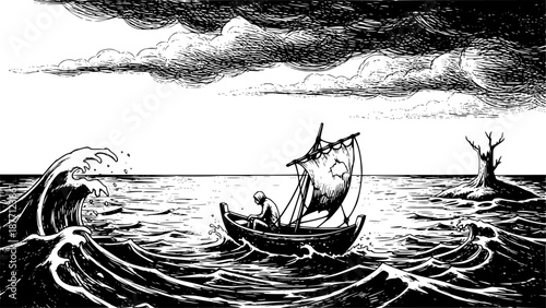 Bleak voyage: An etching-style illustration of fragility and iso
