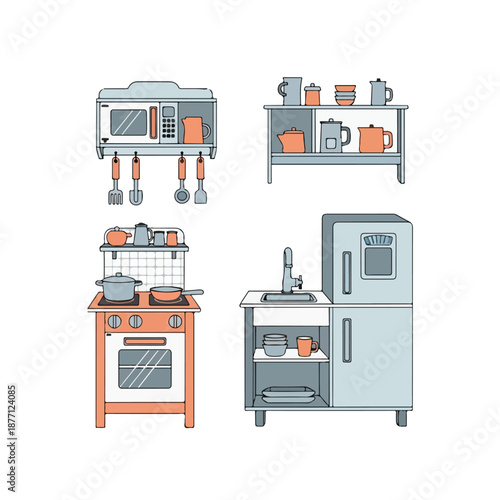 Kitchen appliances set with orange decor.