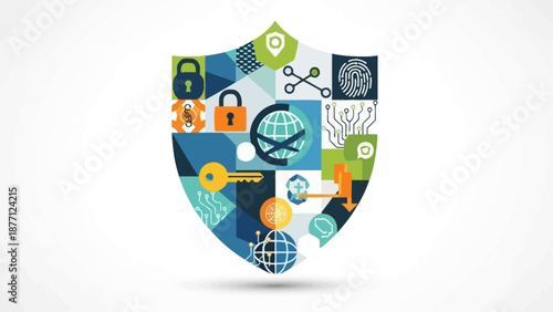 Digital Security Shield with Icons: Data Protection, Privacy, Cyber Security Concepts