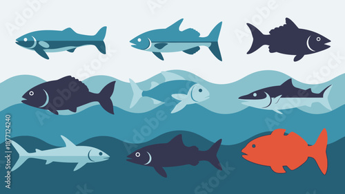 Diverse Fish Swimming in Blue Water Waves - Flat Design