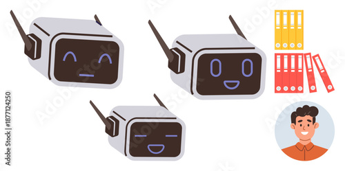 Artificial intelligence, customer support, productivity tools, chatbot technology, data management, workspace solutions. Three chatbot faces, office folders and a person smiling. AI and customer
