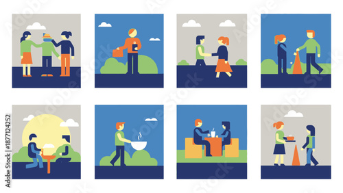 Diverse People Collaborating and Sharing in Minimalist Scenes