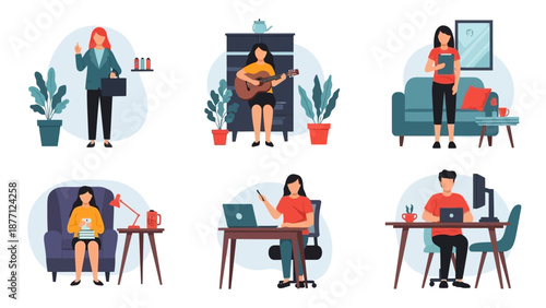 Diverse People Working and Relaxing in Modern Home and Office Settings