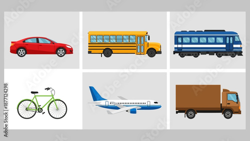 Diverse Transportation Collection: Car, Bus, Train, Bike, Plane, Truck Icons