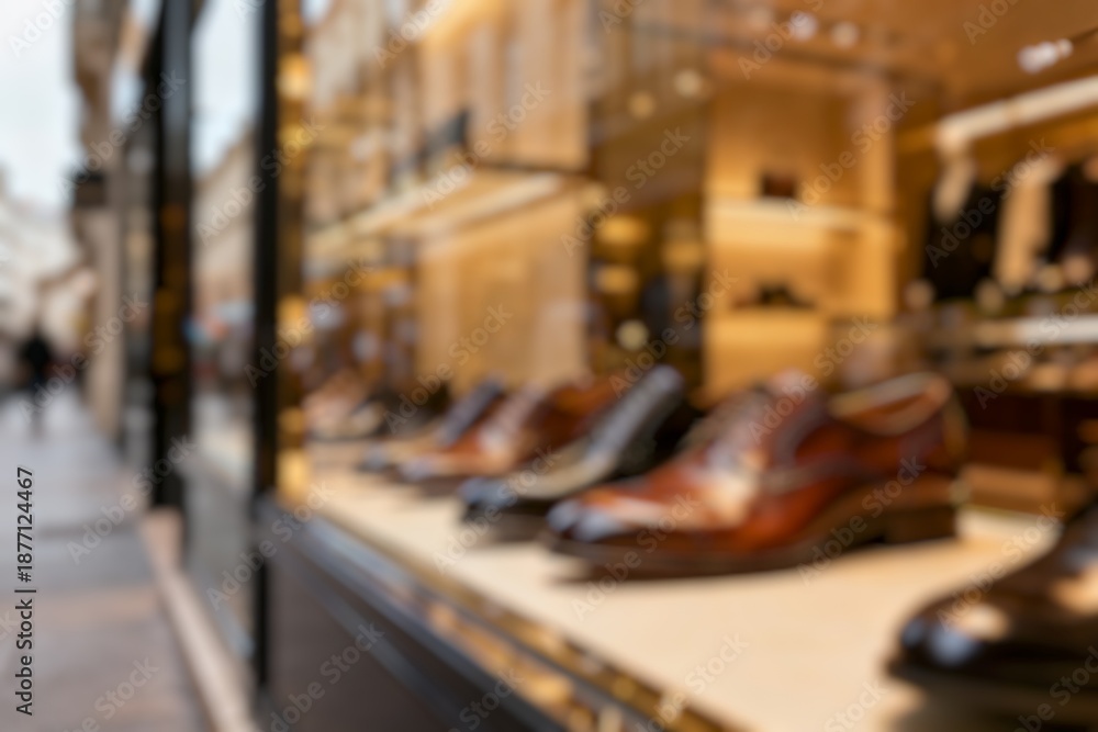 Obraz premium Blurry Row of mens shoes in store, lux fashion footwear behind the windowl
