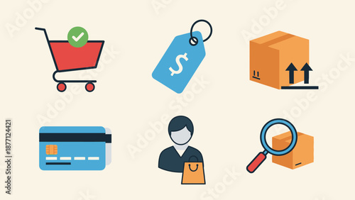 E-commerce Icons Set: Shopping Cart, Price Tag, Package, Credit Card, Customer, Search