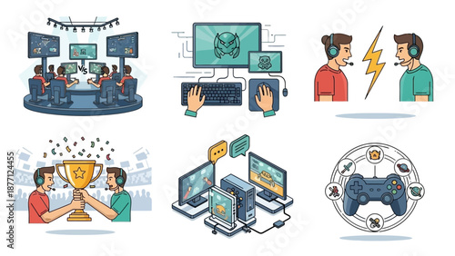 Esports Tournament Competition and Gaming Lifestyle Icons Set