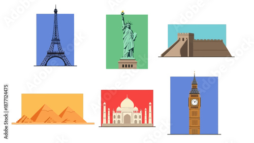 Famous World Landmarks Collection: Eiffel Tower, Statue of Liberty, Great Wall, Pyramids, Taj Mahal, Big Ben