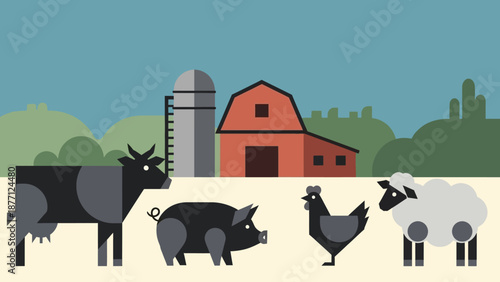 Farm animals cartoon illustration - Cow, pig, chicken, sheep, barn, silo