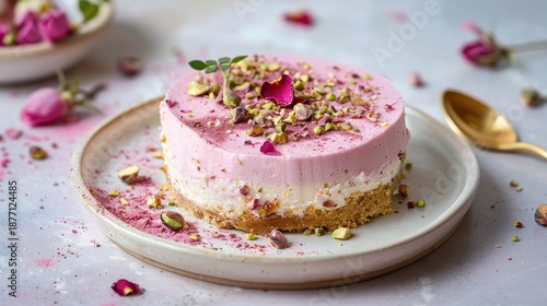 Rosewater and pistachio cheesecake on ceramic plate. A delicate homemade dessert