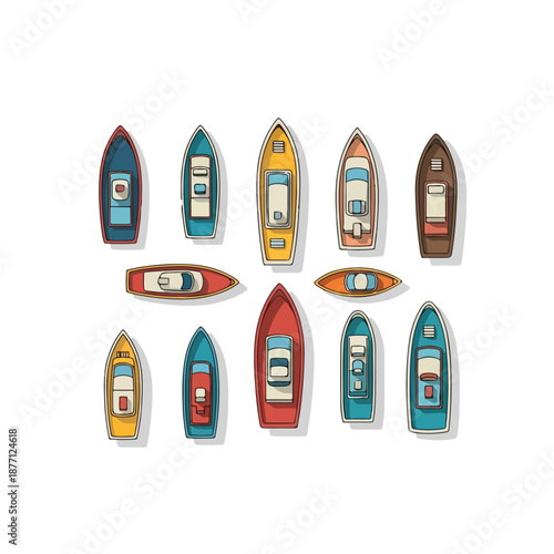 Colorful boat set cartoon style isolated on white.