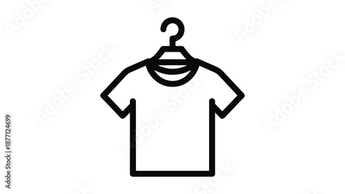 A simple black and white line drawing of a t-shirt on a hanger represents clothing.