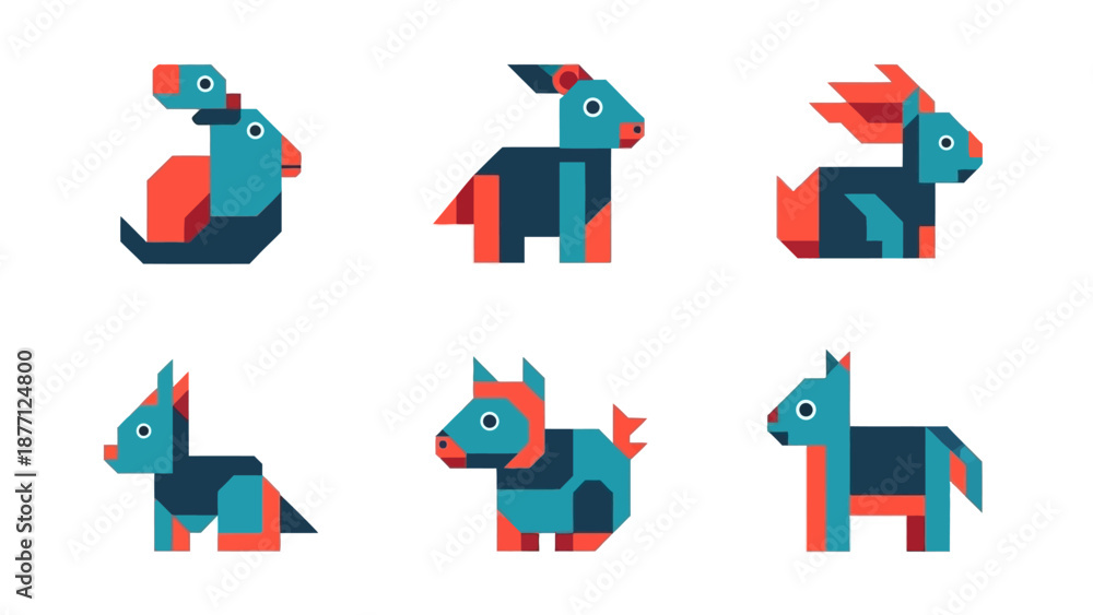 Fototapeta premium Geometric Animals Set: Cute Abstract Designs in Teal, Coral, and Navy
