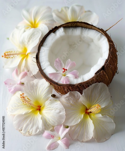 Coconut half with white interior and tropical flowers. A natural spa and relaxation concept