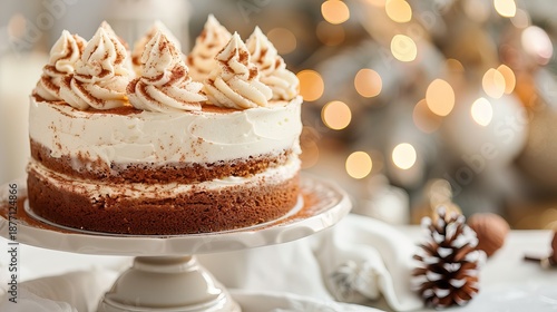 Chocolate cake with whipped cream on festive table. A cozy homemade dessert for holiday celebration