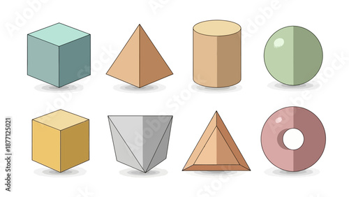 Geometric Shapes Set: Cube, Pyramid, Cylinder, Sphere, Torus, Cone